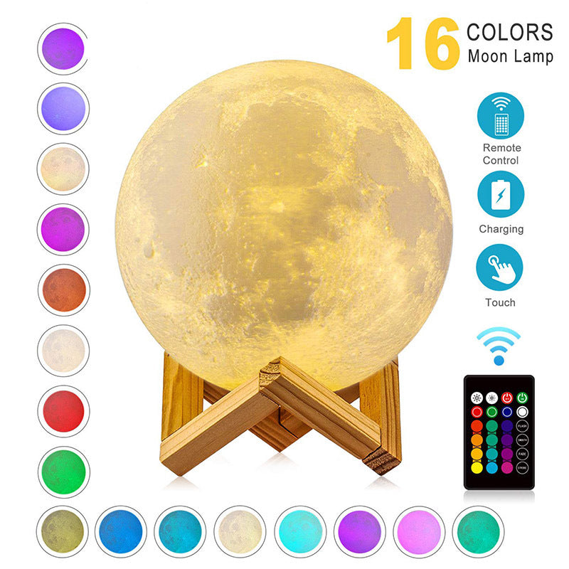 a moon lamp with a remote control with text: '16 COLORS Moon Lamp Remote Control Charging Touch C'
