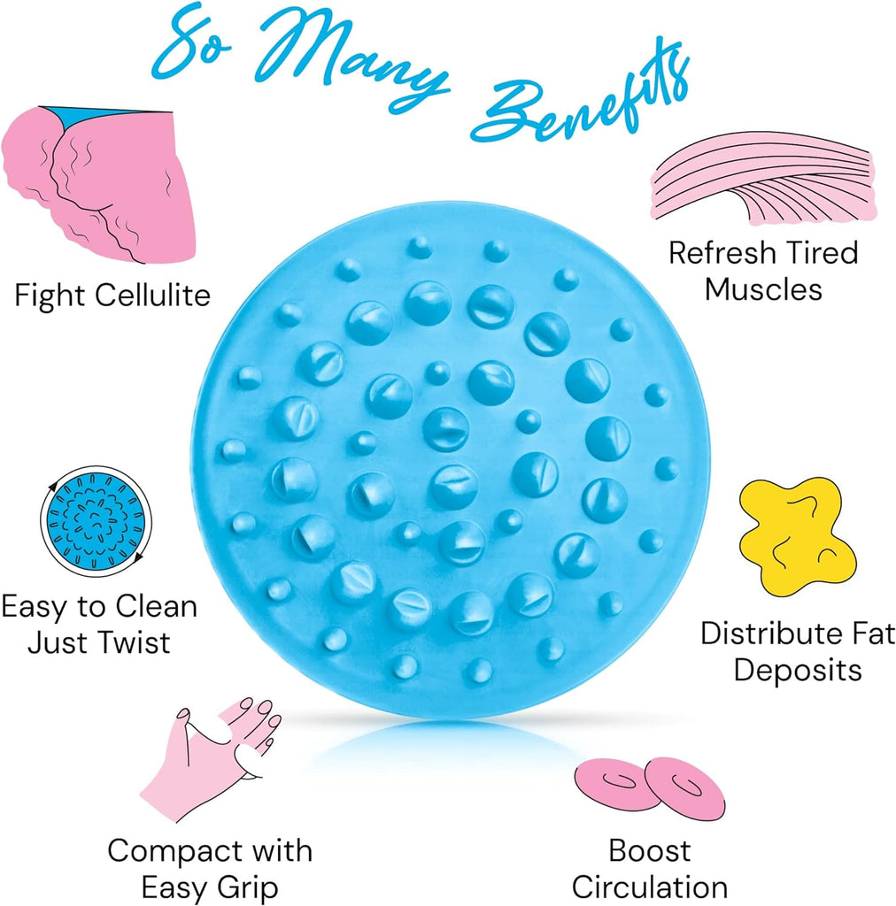 a blue massage ball with text overlay with text: 'Many Refresh Tired Fight Cellulite Muscles Easy to Clean Just Twist Distribute Fat Deposits Compact with Boost Easy Grip Circulation'