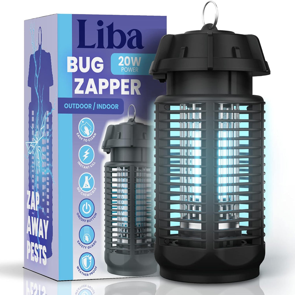 a bug zapper with a box with text: 'Liba BUG 20W POWER ZAPPER OUTDOOR / INDOOR EASY TO CLEAN INSTANT KILL ZAP AWAY BUTTO PESTS SAFETY GU PROOF bBOO'