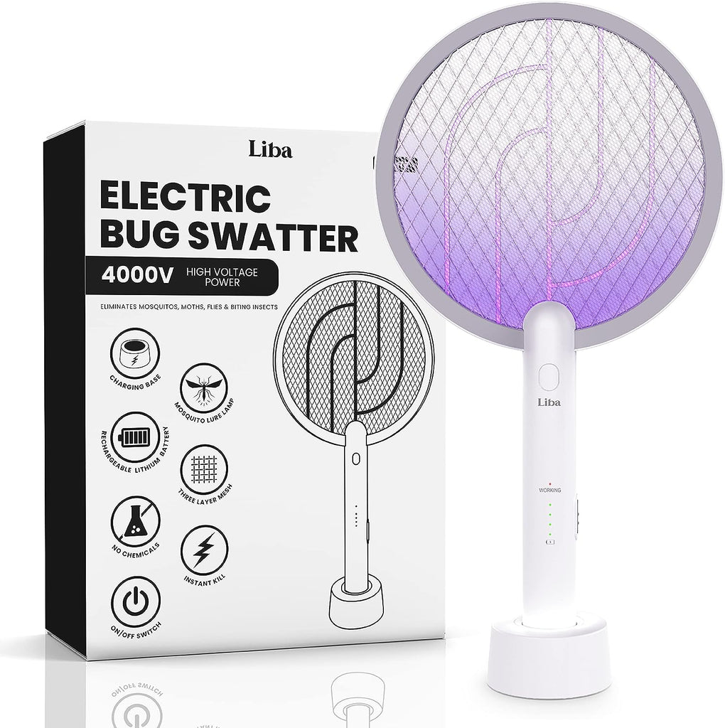 a white electric bug swatter with a box with text: 'Liba ELECTRIC BUG SWATTER 4000V HIGH VOLTAGE POWER ELIMINATES MOSQUITOS, MOTHS, FLIES & BITING INSECTS CHARGING Liba LURE UM BATTERY THREE LAYER MESH WORKING NO CHEMICALS INSTANT KILL ON/OFF SWITCH'