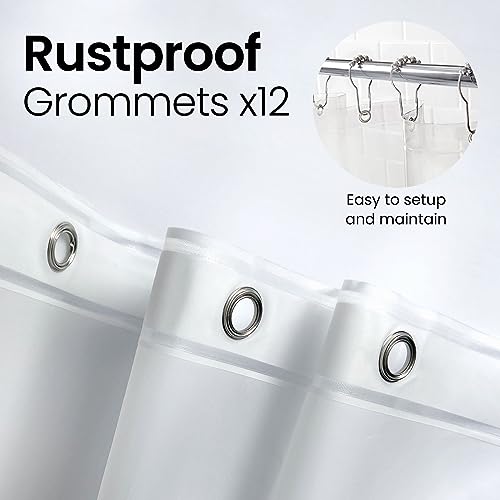 a close up of a shower curtain with text: 'Rustproof Grommets x12 Easy to setup and maintain'