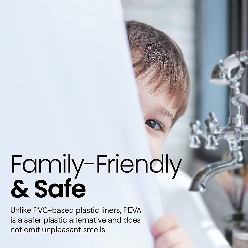 a child peeking through a shower curtain with text: 'Family-Friendly & Safe Unlike PVC-based plastic liners, PEVA is a safer plastic alternative and does not emit unpleasant smells.'