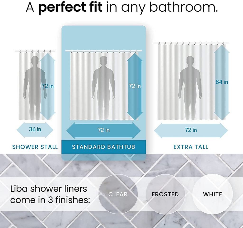 a screenshot of a bathroom with text: 'A perfect fit in any bathroom. 72 in 72 in 84 in 36 in 72 in 72 in SHOWER STALL STANDARD BATHTUB EXTRA TALL Liba shower liners CLEAR FROSTED WHITE come in 3 finishes:'