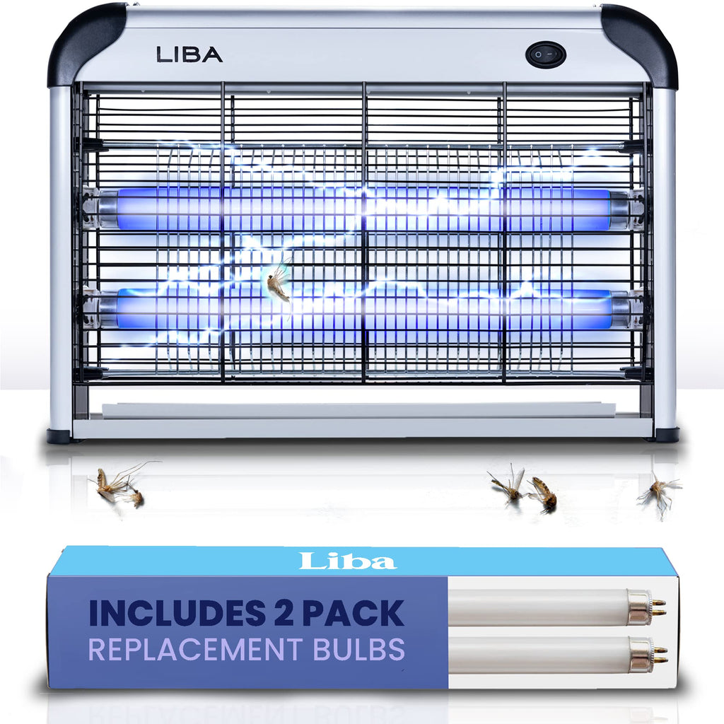 a mosquitoes in a lamp with text: 'LIBA Liba INCLUDES 2 PACK REPLACEMENT BULBS'