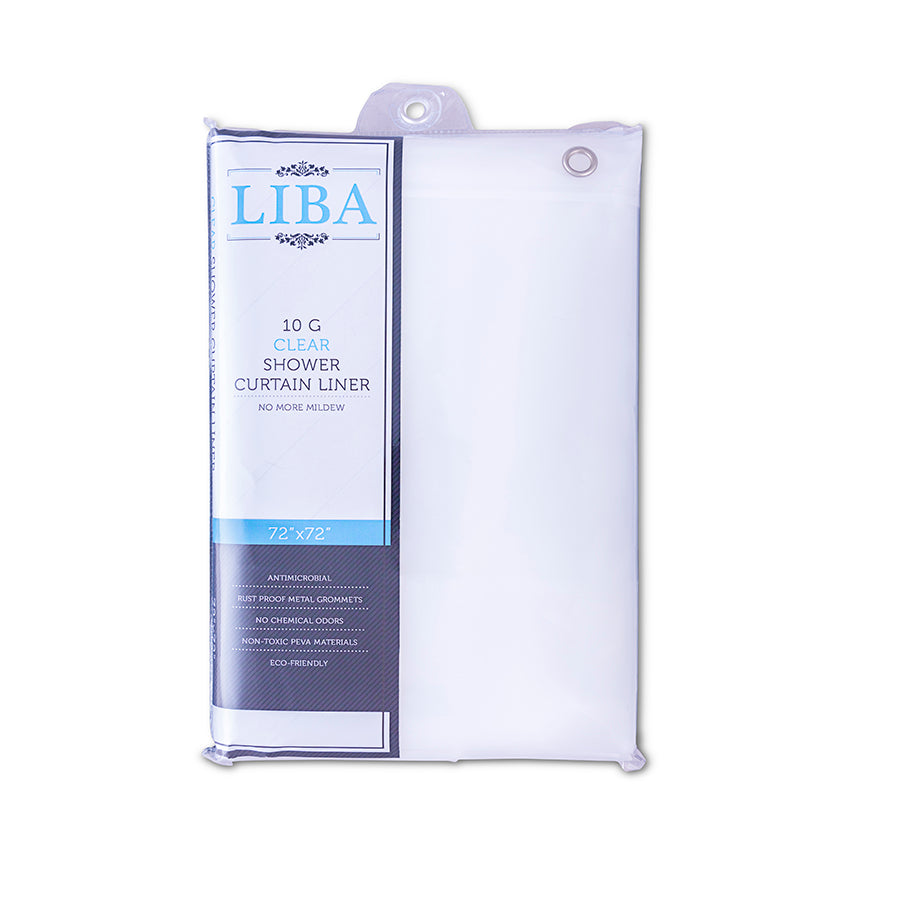 a white package with a blue label with text: 'LIBA 10 G CLEAR SHOWER CURTAIN LINER NO MORE MILDEW 72"x72" ANTIMICROBIAL RUST PROOF METAL GROMMETS NO CHEMICAL ODORS NON-TOXIC PEVA MATERIALS ECO-FRIENDLY'