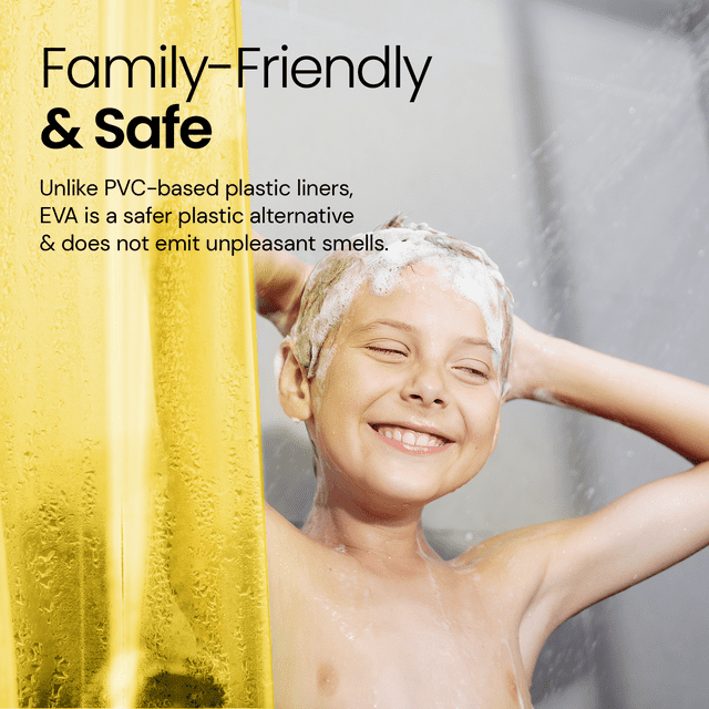 a child washing his head with text: 'Family-Friendly & Safe Unlike PVC-based plastic liners, EVA is a safer plastic alternative & does not emit unpleasant smells.'