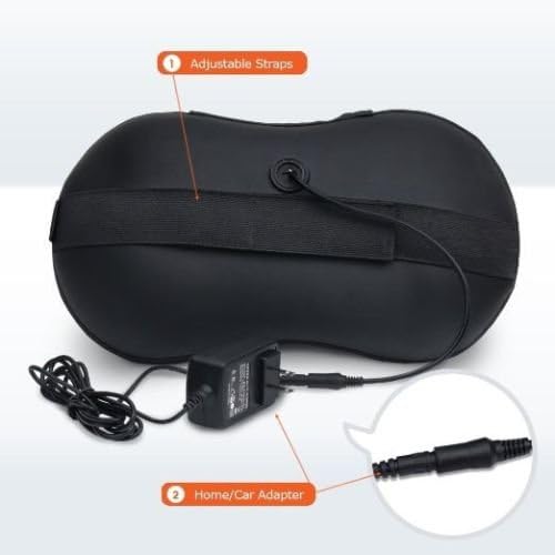 a black pillow with a cord attached to it with text: '- Adjustable Straps 2 Home/Car Adapter'