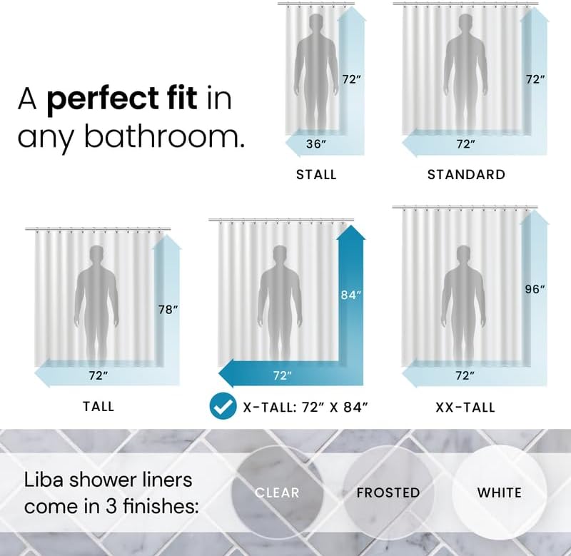 a diagram of a shower curtain with text: 'A perfect fit in 72" 72" any bathroom. 36" STALL STANDARD 84" 96" 78" 72" 72" TALL X-TALL: 72" 84" XX-TALL Liba shower liners come in 3 finishes: CLEAR FROSTED WHITE'