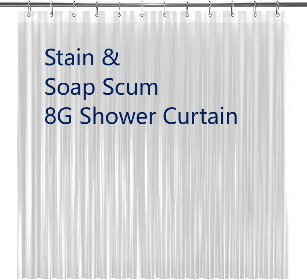 a shower curtain with a white curtain with text: 'Stain & Soap Scum 8G Shower Curtain'