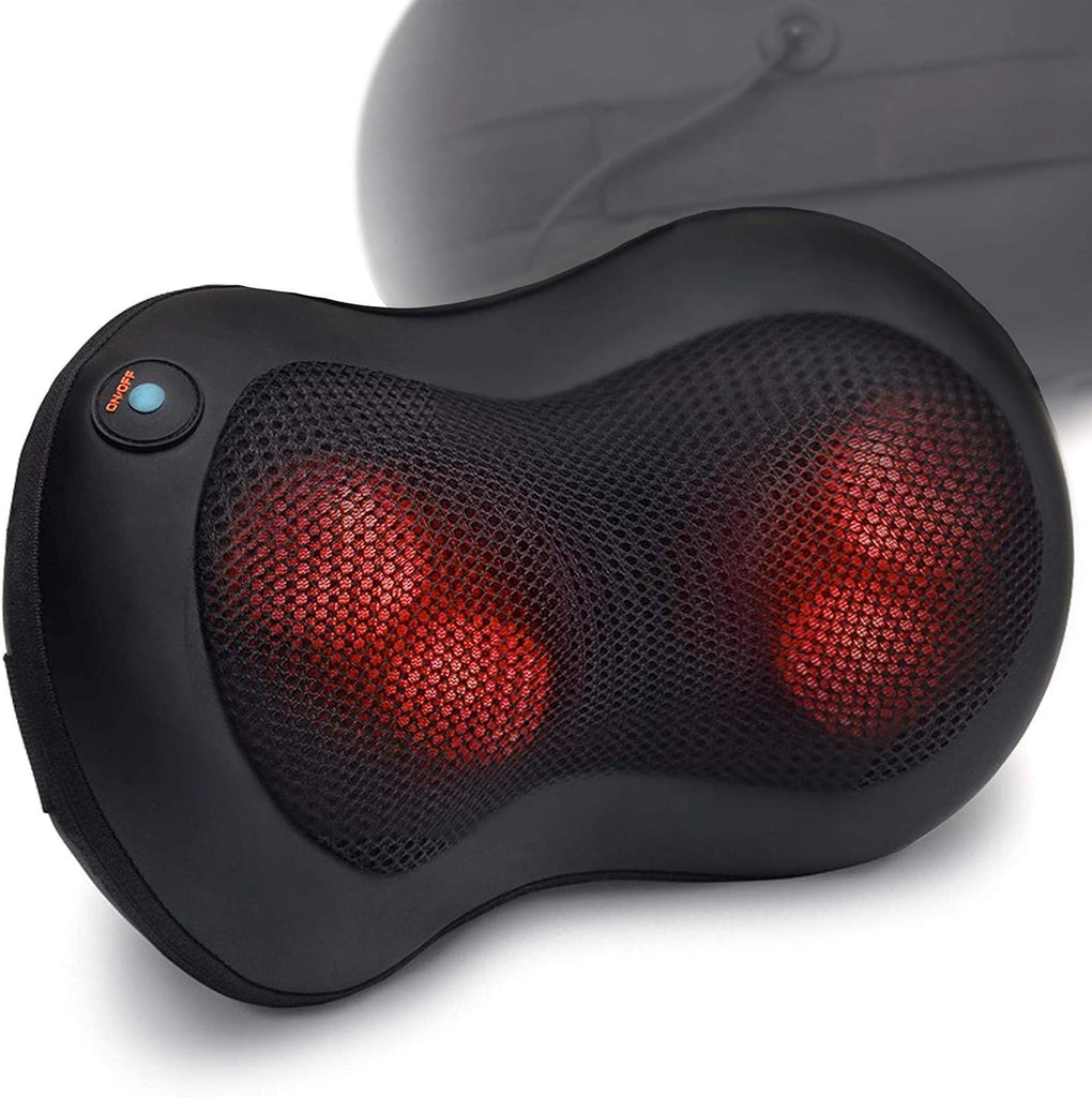a black massage pillow with red lights