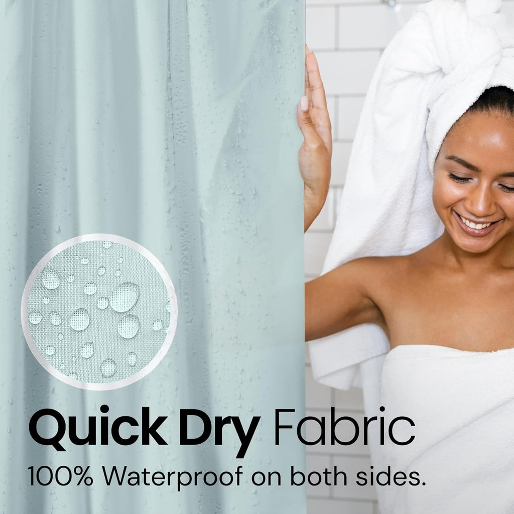 a person wrapped in a towel with text: 'Quick Dry Fabric 100% Waterproof on both sides.'