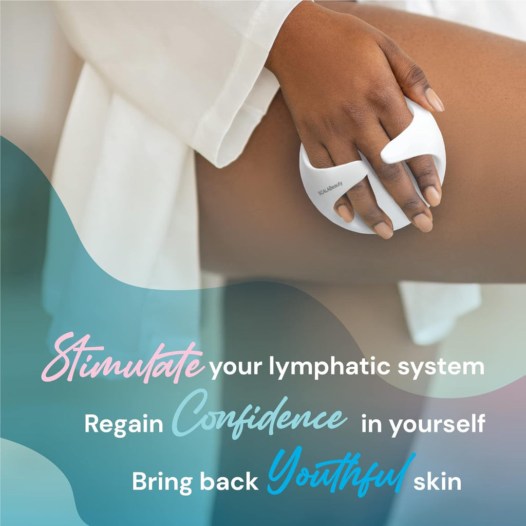 a person using a device to remove the skin with text: 'SCALABeauty your lymphatic system Regain Confidence in yourself Bring back skin'