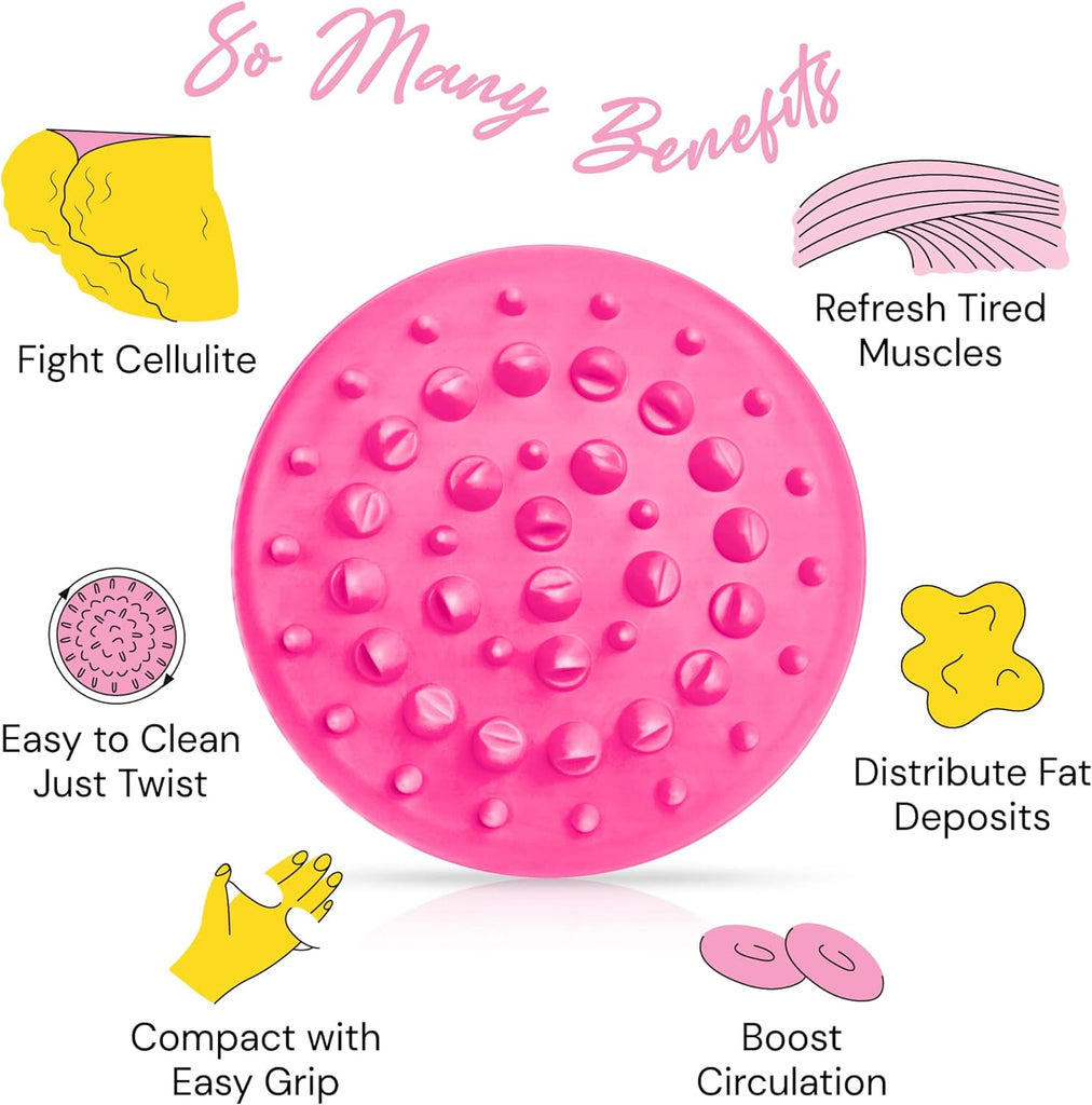 a pink massage pad with text overlay with text: '2 Refresh Tired Fight Cellulite Muscles Easy to Clean Just Twist Distribute Fat Deposits Compact with Boost Easy Grip Circulation'