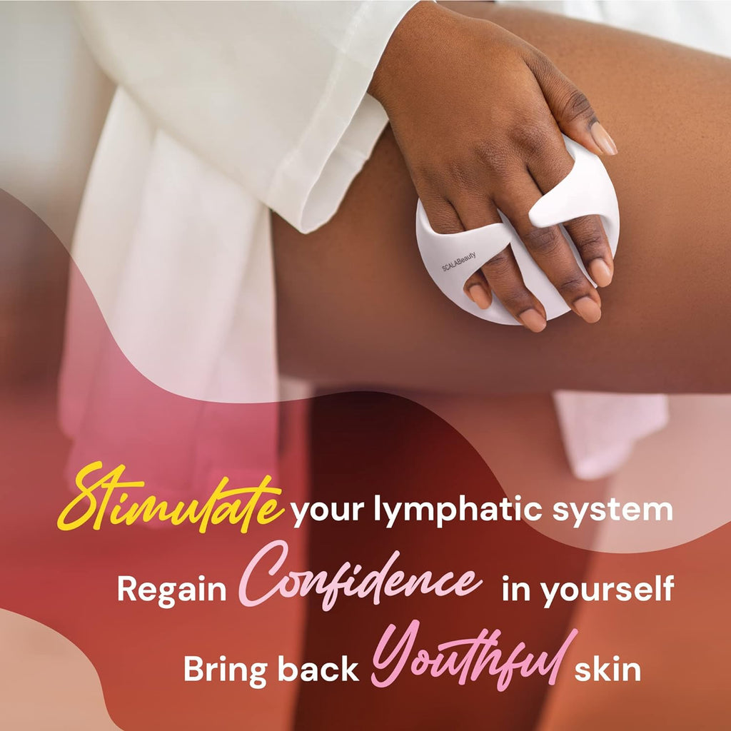 a person holding a white object with text: 'SCALABeauty your lymphatic system Regain in yourself Bring back skin'