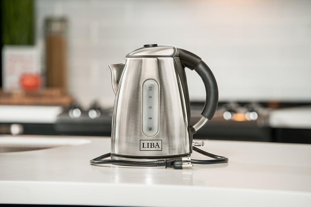 a silver and black electric kettle with text: '12L LIBA'