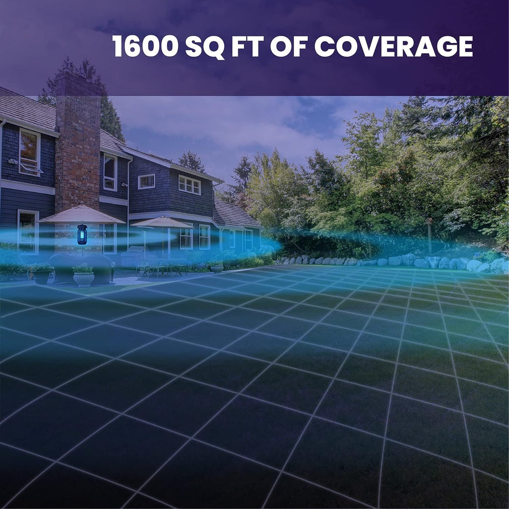 a house with a blue light on the ground with text: '1600 SQ FT OF COVERAGE'