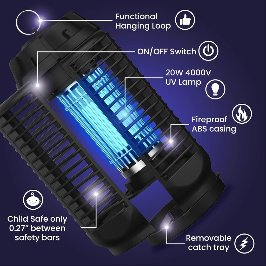 a black lamp with blue light with text: 'Functional Hanging Loop ON/OFF Switch 20W 4000V UV Lamp Fireproof ABS casing Child Safe only 0.27" between safety bars Removable catch tray'