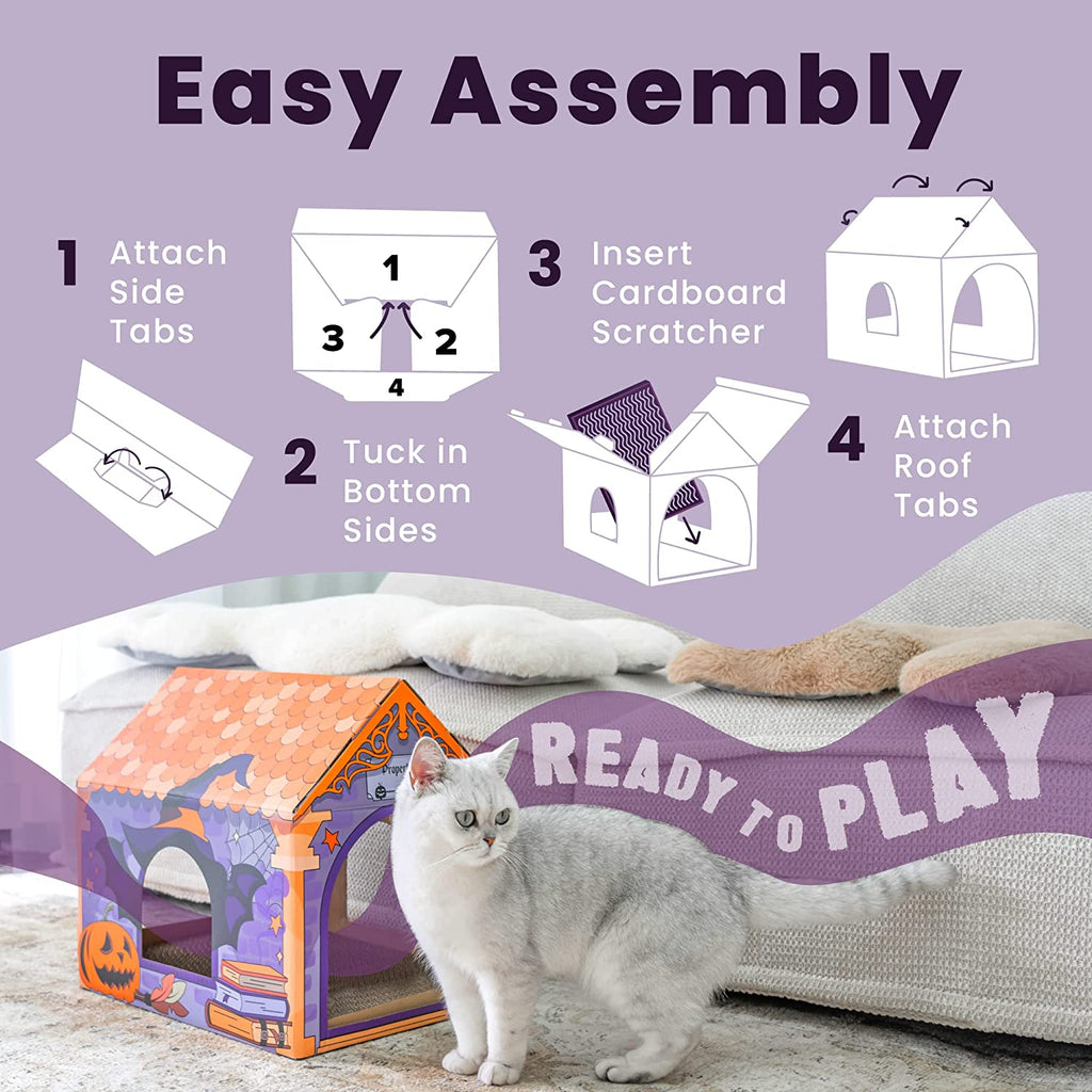 a cat standing next to a toy house with text: 'Easy Assembly 1 Attach Insert Side 1 3 Cardboard Tabs 3 2 Scratcher 4 2 Tuck in 4 Attach Roof Bottom Sides Tabs READY PLAY'