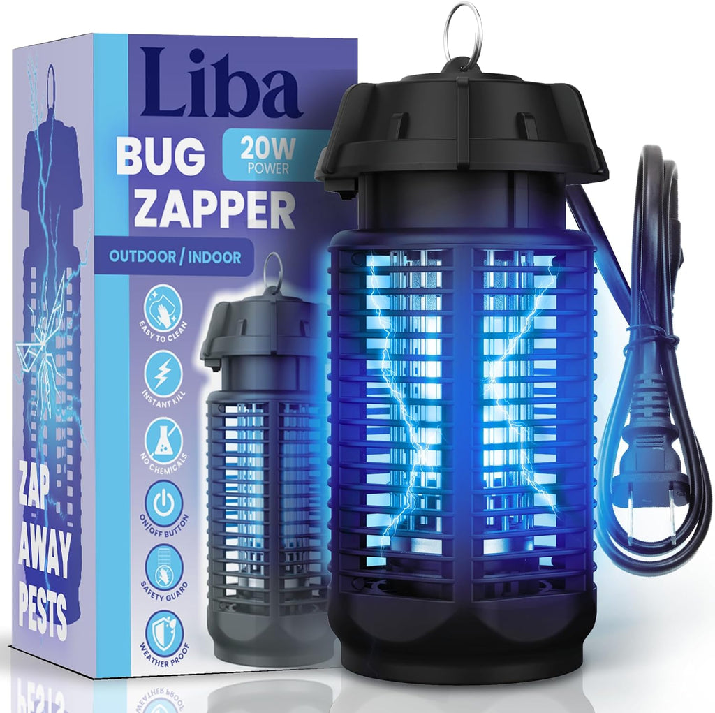 a bug zapper with a blue light with text: 'Liba BUG 20W POWER ZAPPER OUTDOOR / INDOOR EASY TO CLEAN CHEMICALS WAY BU PESTS SAFETY Y GUARD WEATHER PROOF'