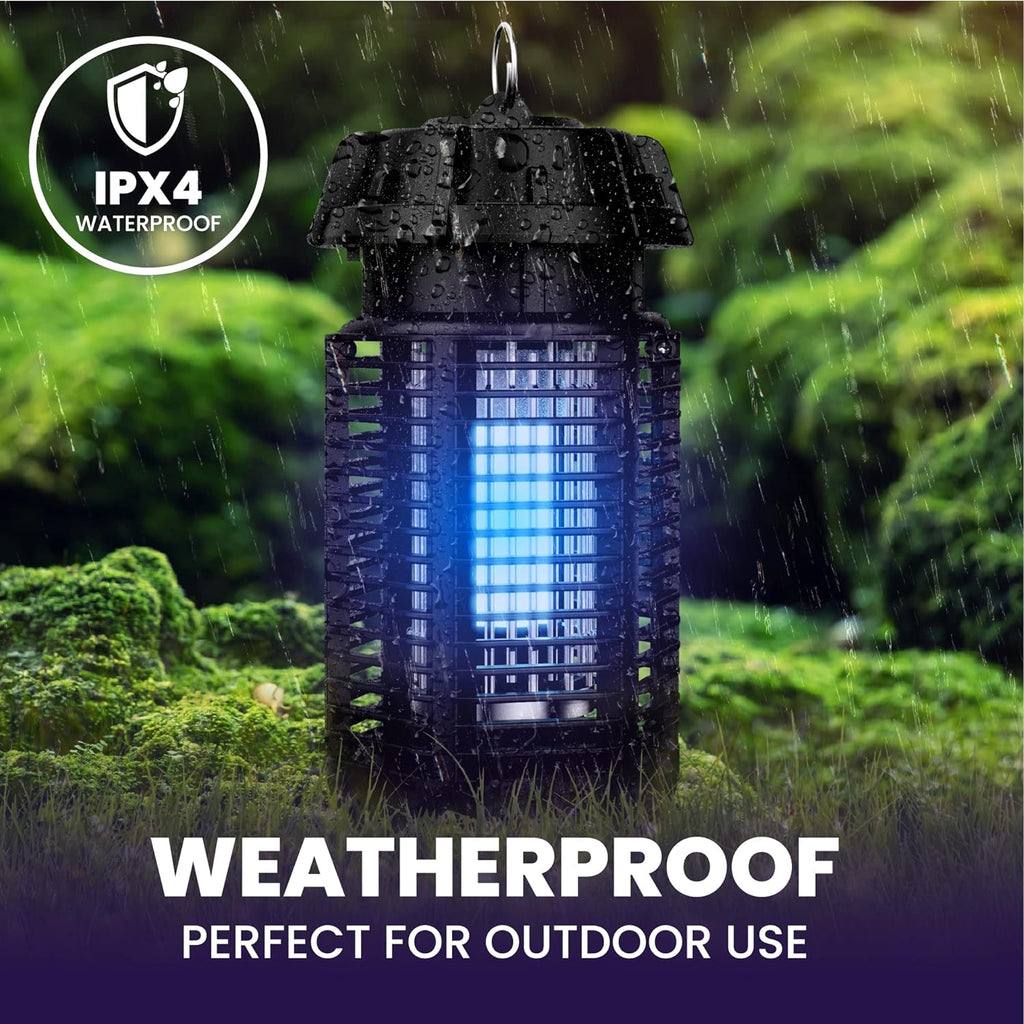 a black lantern with blue light in the middle of mossy ground with text: 'IPX4 WATERPROOF - WEATHERPROOF PERFECT FOR OUTDOOR USE'