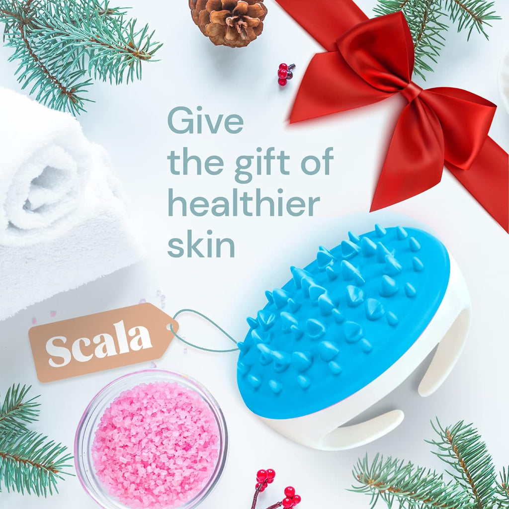 a massage brush and bath salt with text: 'Give the gift of healthier skin Scala'