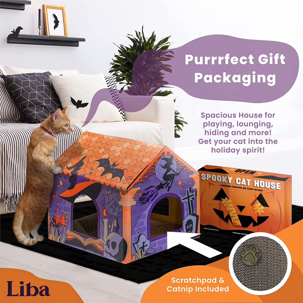 a cat climbing up a cat house with text: 'Purrrfect Gift Packaging Spacious House for playing, lounging, hiding and more! Get your cat into the holiday spirit! OPEN SPOOKY CAT HOUSE CARDBOARD SCRATCHER AND INCLUDED SCRATCHE Liba Scratchpad & Catnip Included'