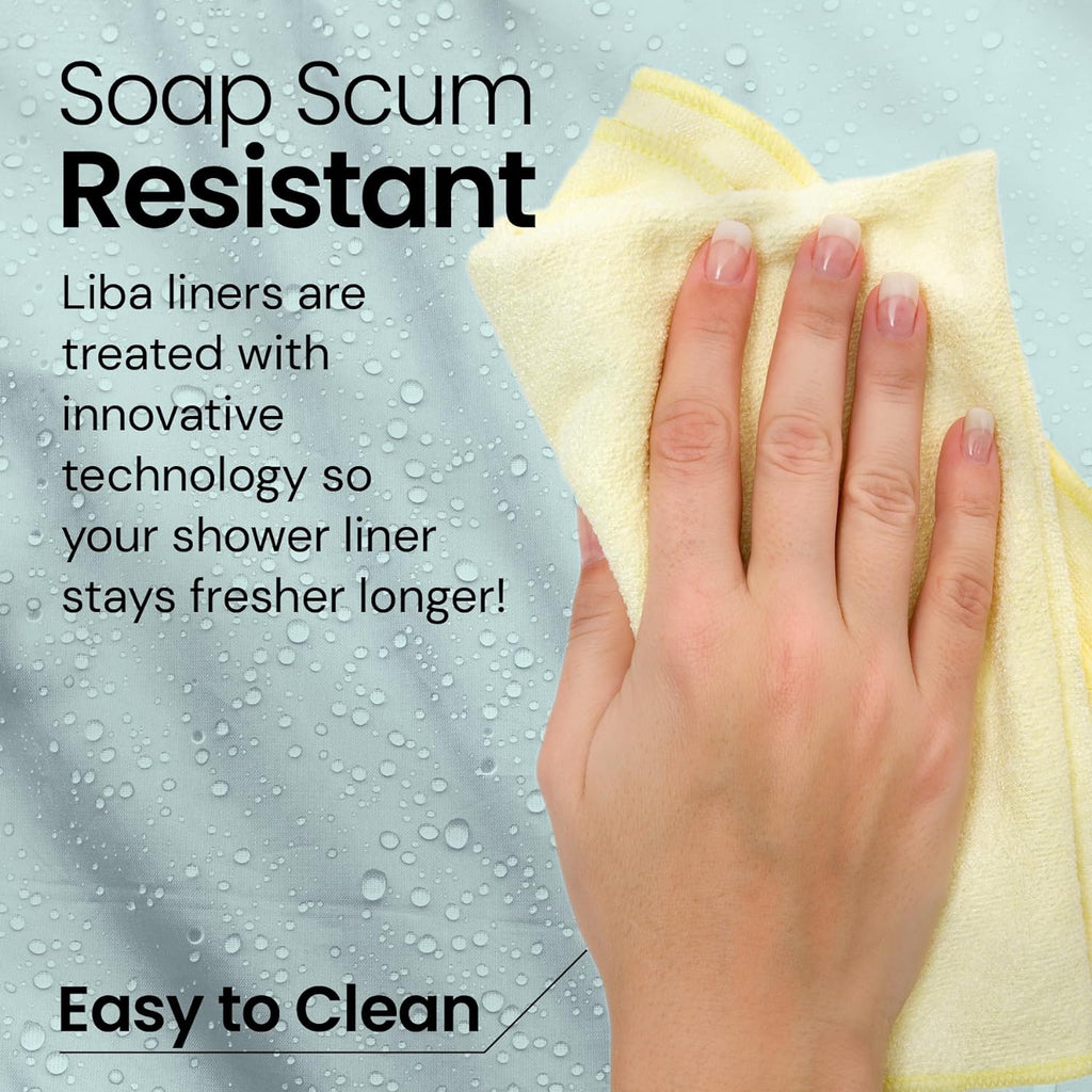 a hand holding a yellow towel with text: 'Soap Scum Resistant Liba liners are treated with innovative technology so your shower liner stays fresher longer! Easy to Clean'