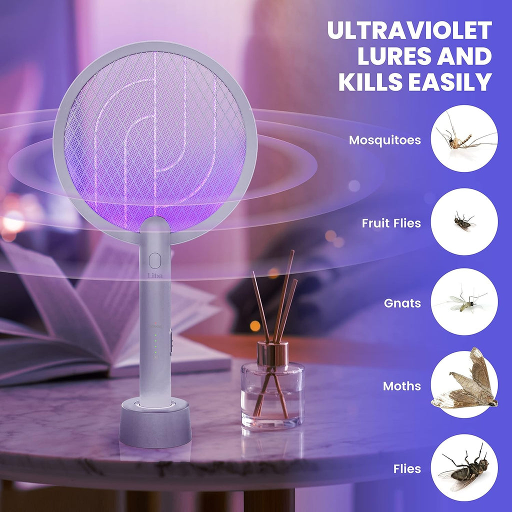 a device with a purple light on it with text: 'ULTRAVIOLET LURES AND KILLS EASILY Mosquitoes Fruit Flies Liba Gnats Moths Flies'