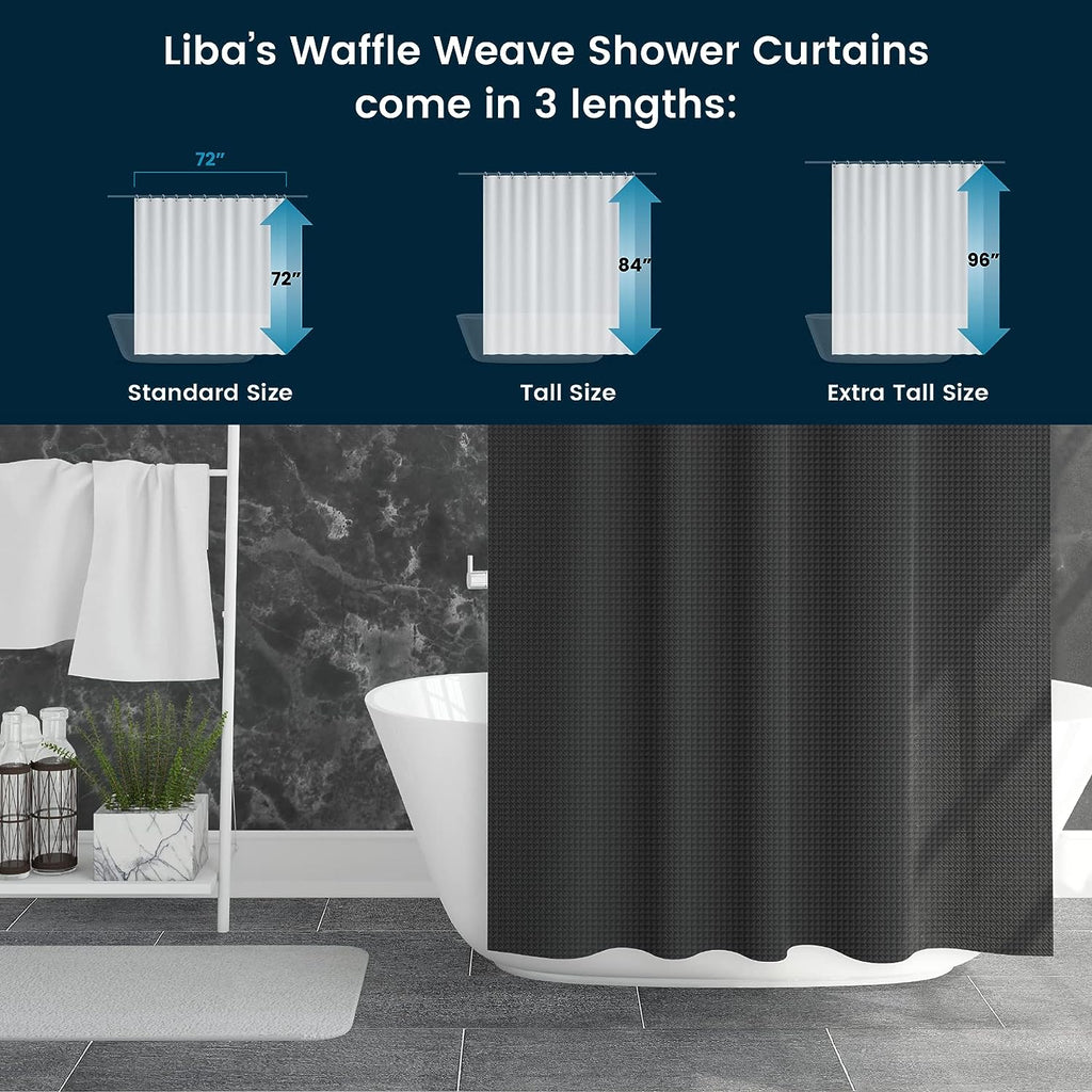 a bathtub with a shower curtain with text: 'Liba's Waffle Weave Shower Curtains come in 3 lengths: 72" 72" 84" 96" Standard Size Tall Size Extra Tall Size'