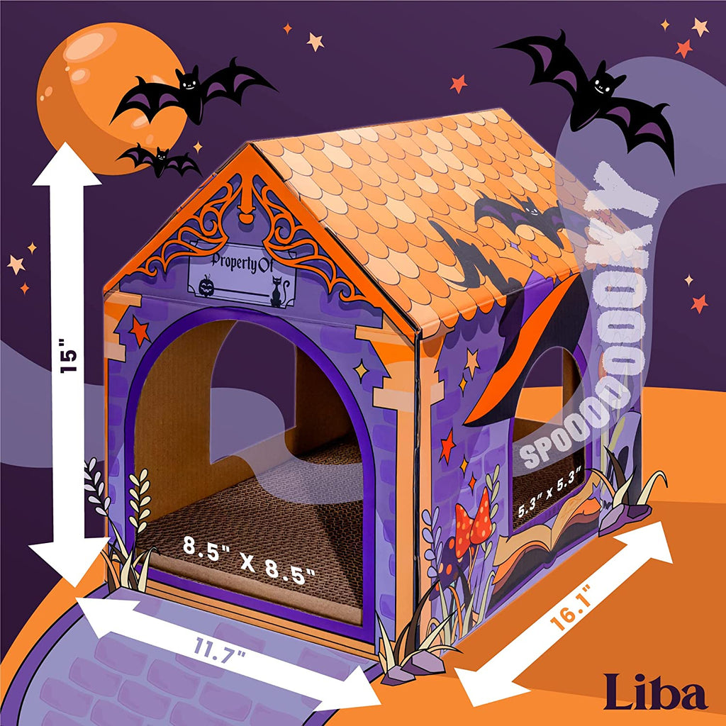a purple and orange dog house with measurements with text: '. Property 15" 5.3" 8.5" 8.5" 16.1" Liba 11.7"'