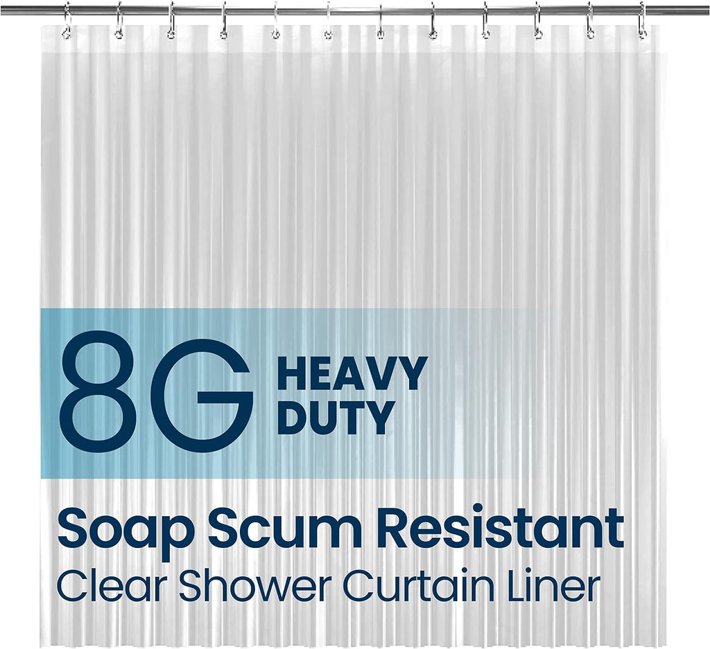 a shower curtain with a white curtain with text: '8G HEAVY DUTY Soap Scum Resistant Clear Shower Curtain Liner'