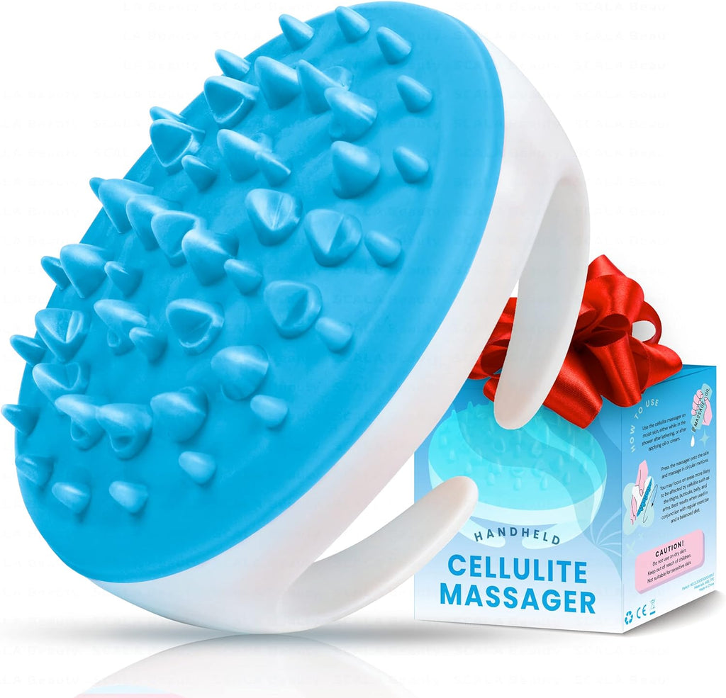 a massage brush with a bow with text: 'USE TO Use the on moist either while in the after or after applying or HANDHELD Press the massager onto the CELLULITE and massage in You may focus on more to be by such as MASSAGER and Best when used in conjunction with regular exercise and a CAUTION! Do not use on Keep out of reach of Not for'