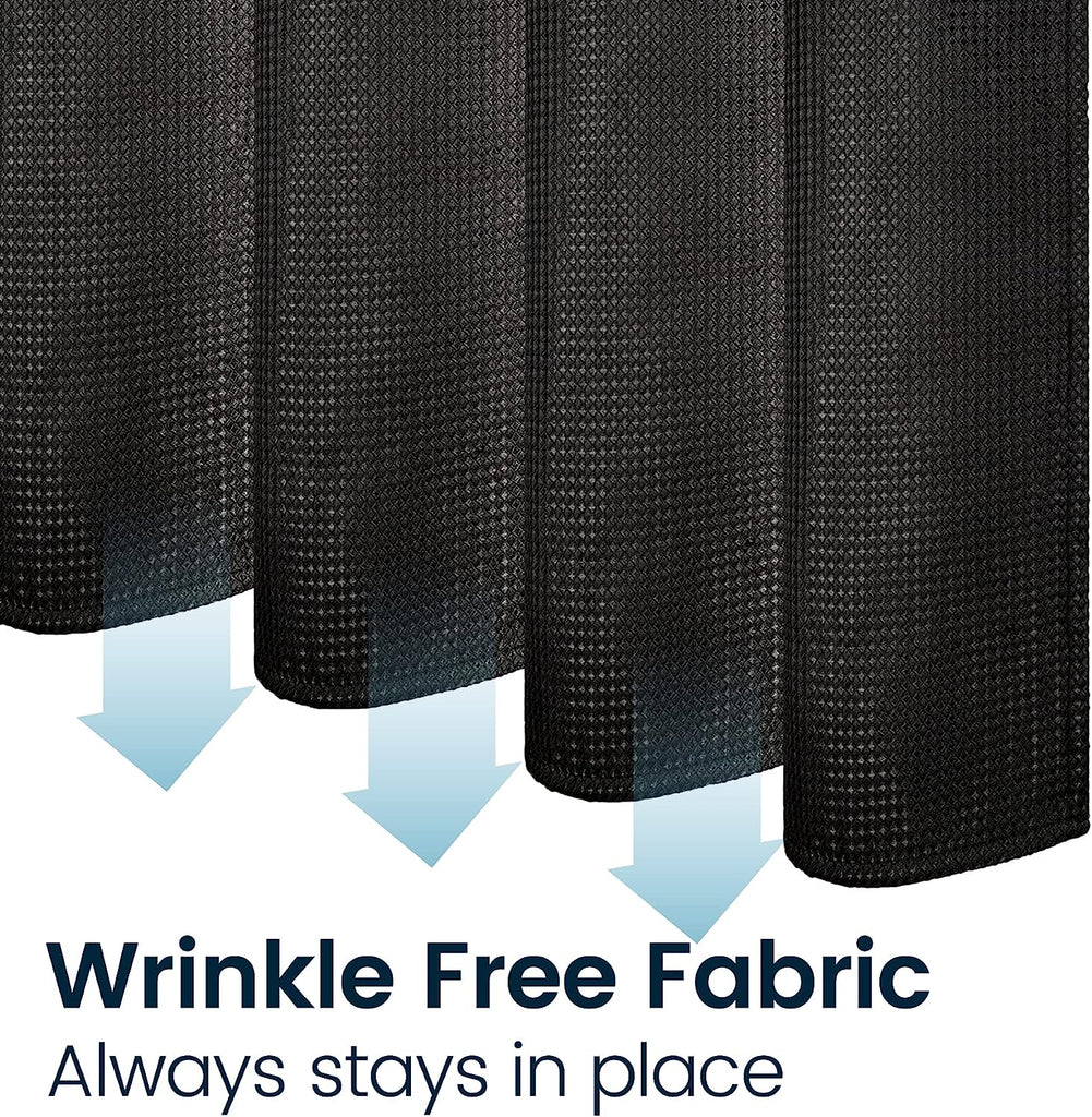 a close-up of a fabric with text: 'Wrinkle Free Fabric Always stays in place'
