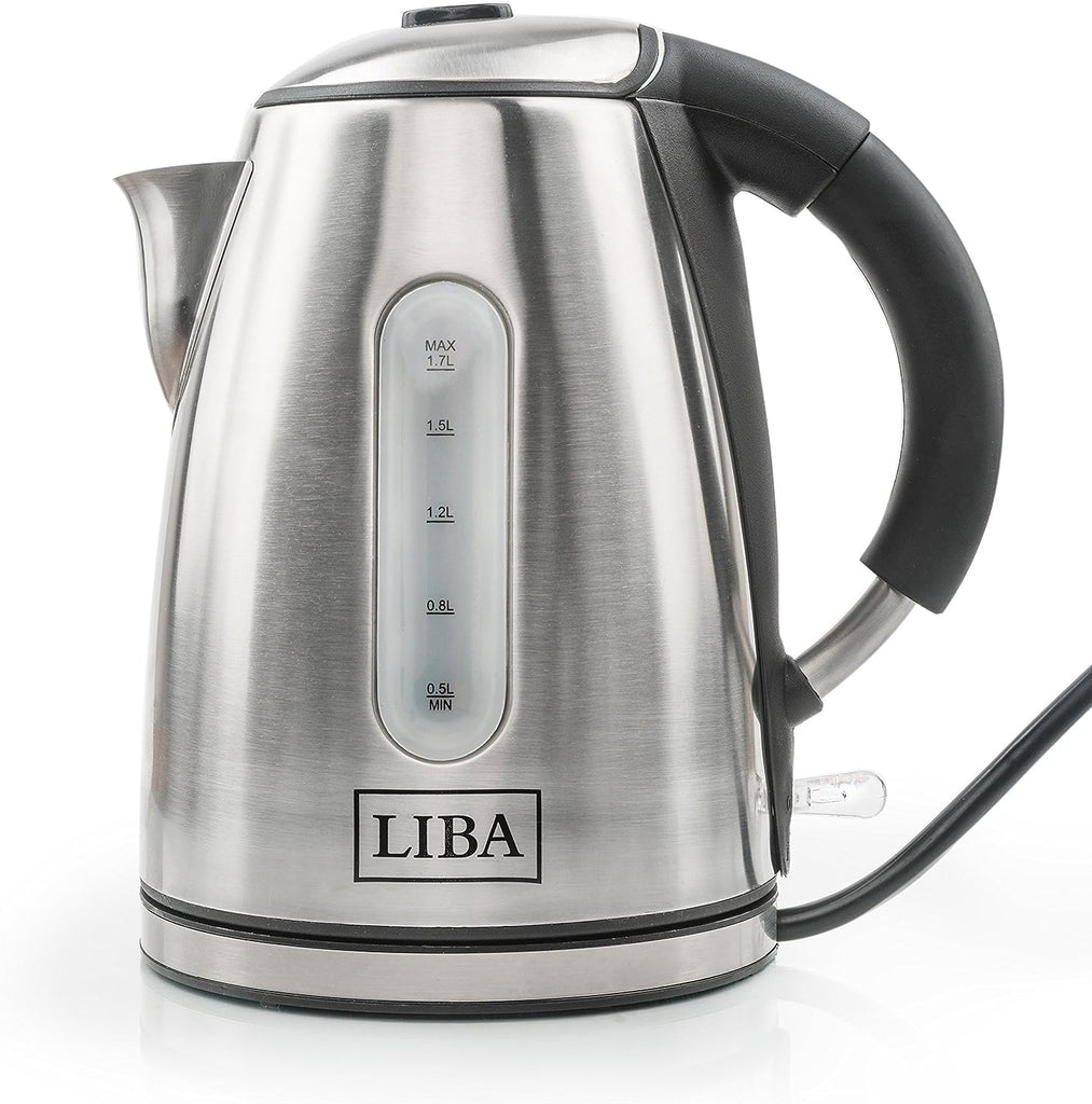 a close up of a kettle with text: 'MAX 1.7L 1.5L 1.2L 0.8L 0.5L MIN LIBA'