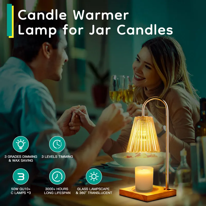 a person and person holding hands at a table with a lit lamp with text: 'Candle Warmer Lamp for Jar Candles 3 GRADES DIMMING 3 LEVELS TIMMING & WAX SAVING m 50W GU10+ C LAMPS *3 3000+ HOURS LONG LIFESPAN GLASS LAMPSCAPE & TRANSLUCENT'