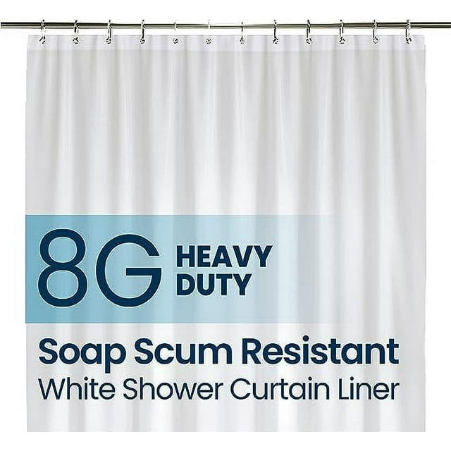a shower curtain with a white and blue design with text: '8G HEAVY DUTY Soap Scum Resistant White Shower Curtain Liner'