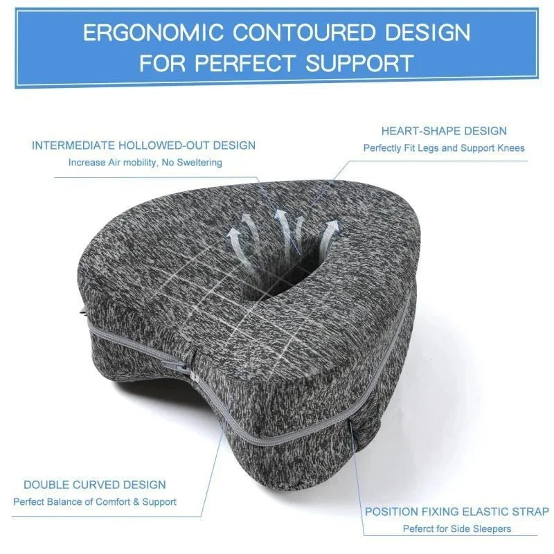 a cushion with text overlay with text: 'ERGONOMIC CONTOURED DESIGN FOR PERFECT SUPPORT HEART-SHAPE DESIGN INTERMEDIATE HOLLOWED-OUT DESIGN Perfectly Fit Legs and Support Knees Increase Air mobility, No Sweltering DOUBLE CURVED DESIGN Perfect Balance of Comfort & Support POSITION FIXING ELASTIC STRAP Peferct for Side Sleepers'