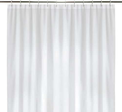 a white shower curtain with metal rod