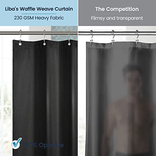 a black shower curtain with a person in the background with text: 'Liba's Waffle Weave Curtain The Competition 230 GSM Heavy Fabric Flimsy and transparent'