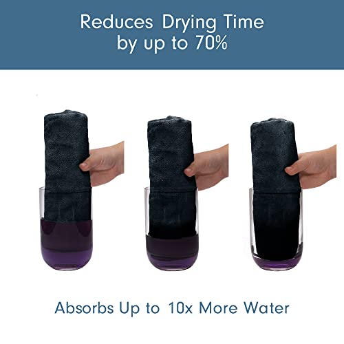 a hand holding a towel in a glass with text: 'Reduces Drying Time by up to 70% Absorbs Up to 10x More Water'