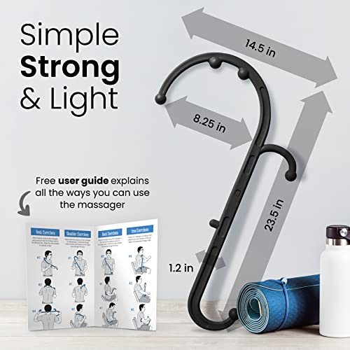 a massage tool and a massager with text: 'Simple 14.5 in Strong & Light 8.25 in Free user guide explains all the ways you can use the massager 23.5 in 1.2 in'
