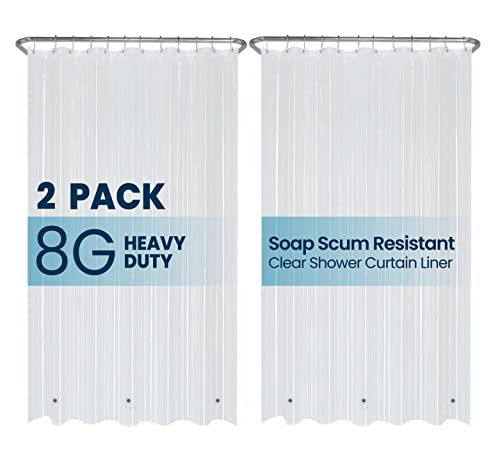 a pair of shower curtains with text: '2 PACK 8G HEAVY Soap Scum Resistant DUTY Clear Shower Curtain Liner'
