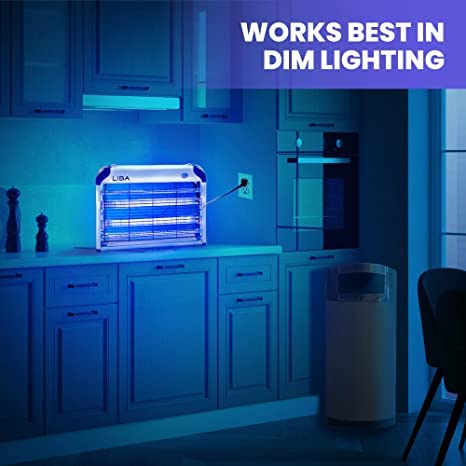 a blue light on a counter with text: 'WORKS BEST IN DIM LIGHTING'