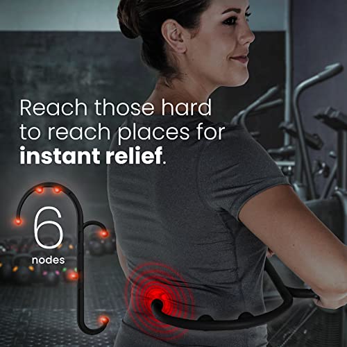 a person in a gym with a pain in her back with text: 'Reach those hard to reach places for instant relief. 6 nodes'
