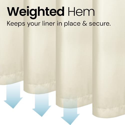 a white curtain with blue arrows with text: 'Weighted Hem Keeps your liner in place & secure.'