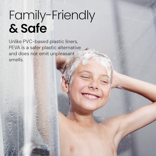 a child washing his head with text: 'Family-Friendly & Safe Unlike PVC-based plastic liners, PEVA is a safer plastic alternative and does not emit unpleasant smells.'