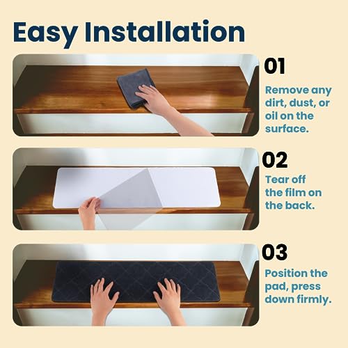 a step by step instructions for installing a shelf with text: 'Easy Installation 01 Remove any dirt, dust, or oil on the surface. 02 Tear off the film on the back. 03 Position the pad, press down firmly.'