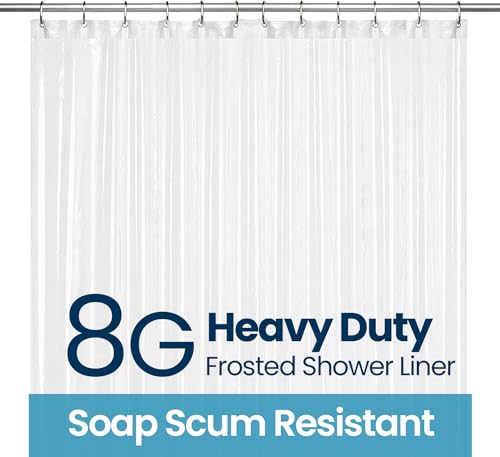 a shower curtain with a metal rod with text: '8G Heavy Duty Frosted Shower Liner Soap Scum Resistant'