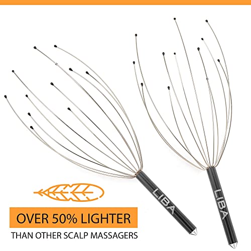 a pair of metal head massagers with text: 'LIBA LIBA OVER 50% LIGHTER THAN OTHER SCALP MASSAGERS'