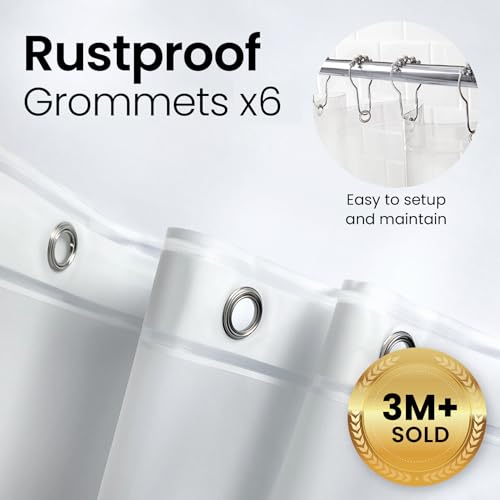 a close up of a shower curtain with text: 'Rustproof Grommets x6 Easy to setup and maintain 3M+ SOLD'